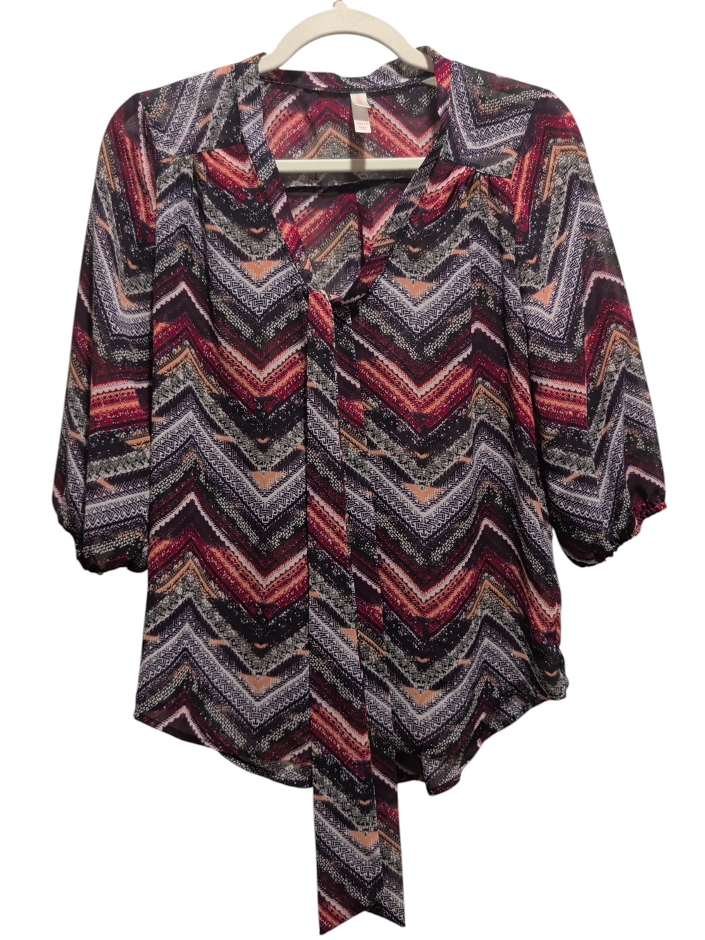 Xhilaration Multicolor Chevron Tie-Neck Blouse - Burgundy, Navy, Peach (#D235)